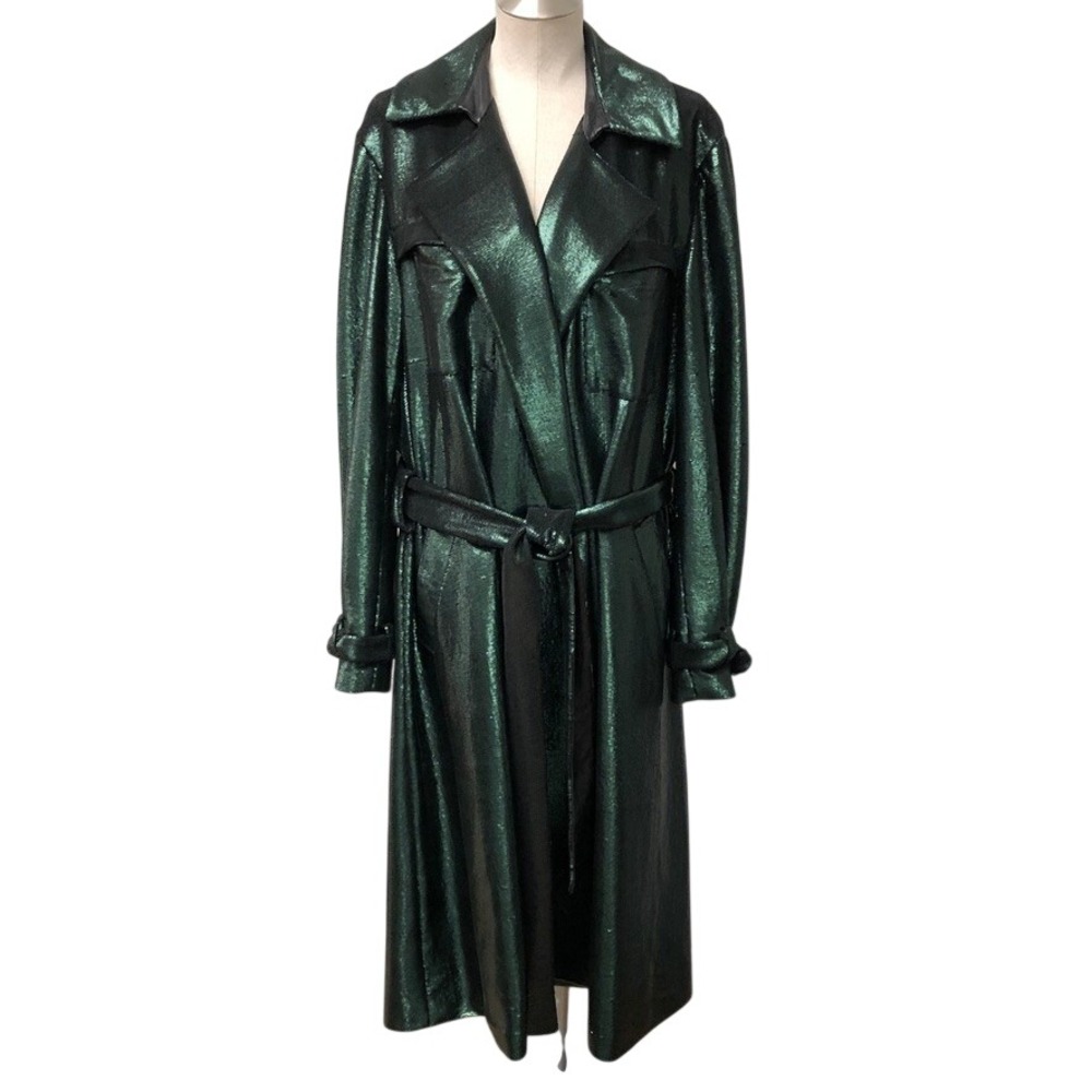 Vintage Sequin Trench Coat Womens XL Green Belted Metallic Glam Long Duster